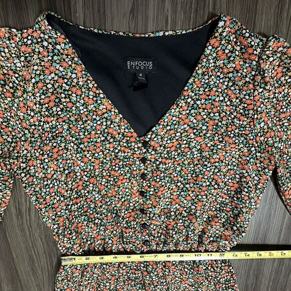 Enfocus Studio Womens Dress 4 Black Orange Ditsy Floral Cottagecore Prairie Midi - Picture 10 of 13